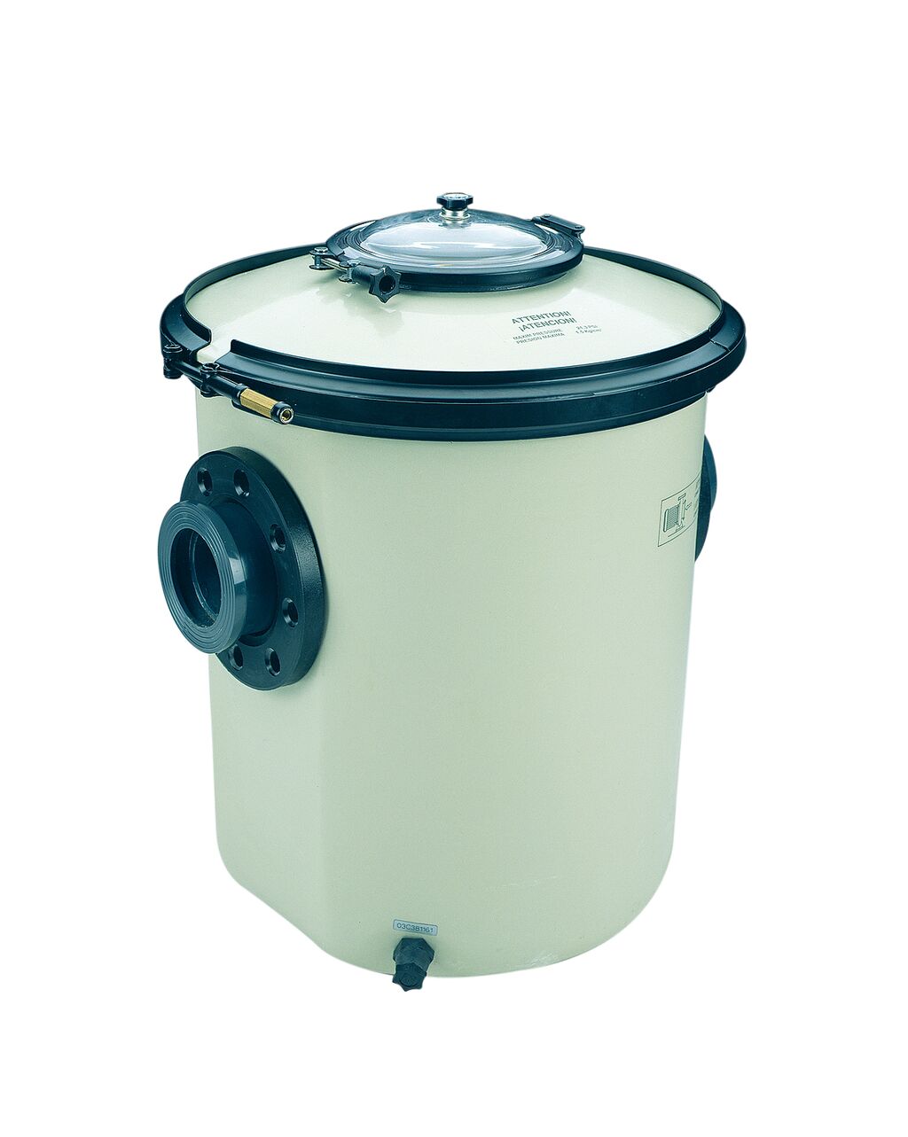 15648 | 33 litres with sight glass lid - Strainer in polyester and fibreglass